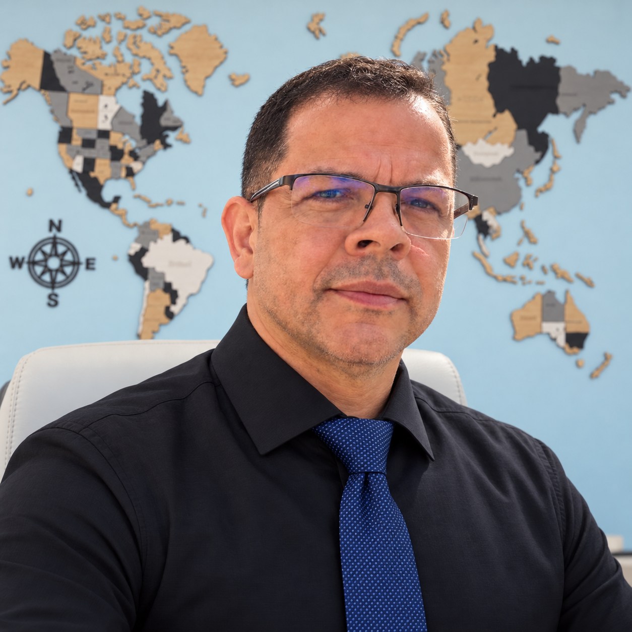 Fernando Velez, Vemos Insurance advisor, in front of a world map